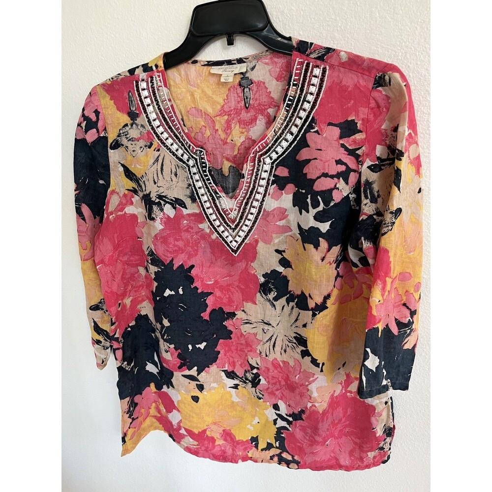 Charter Club Luxury 100% Linen Floral Womens Top Large Pink Black Beaded Boho